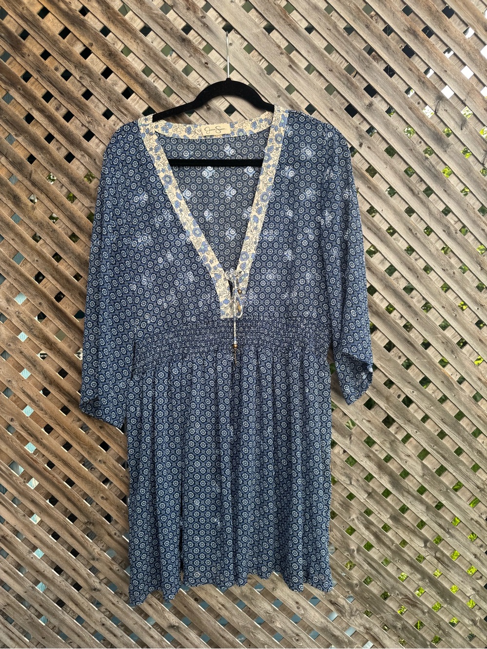 Jessica Simpson Blue Boho Geometric Print Smocked Cover Up Dress - M